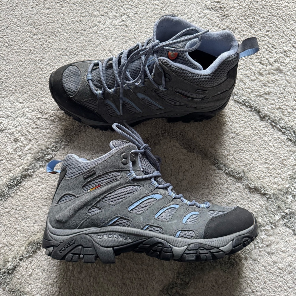 Merrell Hiking Boots Moab Mid Waterproof Gray Blue Suede Vibram